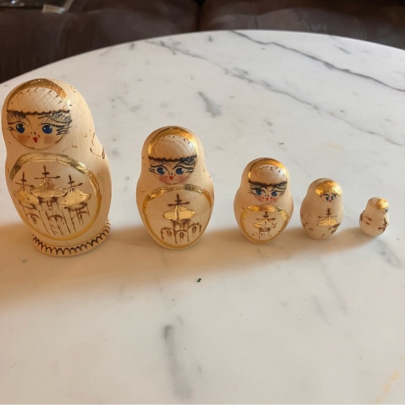 Other - Vintage 5 Piece Hand Painted Wood Burned 3 1/2" Matryoshka Dolls from Russia